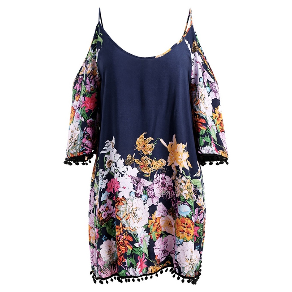 Plus Size Floral Cold Shoulder Dress - Slate Blue - Picture 7 of 8